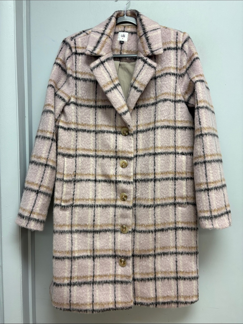Cabi Lilac Plaid Wool Blend Long Coat Jacket Size Medium